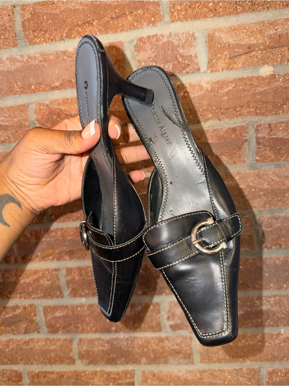 Etienne Aigner Black Leather Buckle Mules